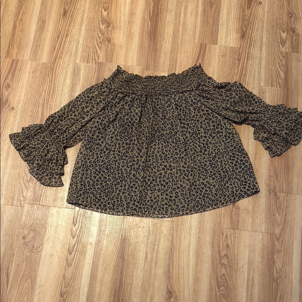 CeCe Brown and Gray Ruffled Blouse with Bell Sleeves